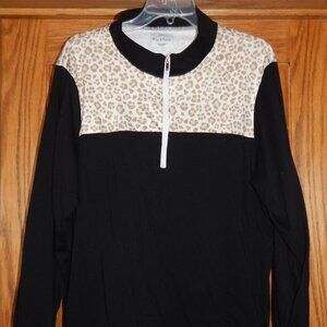 Women's Size XL Black & Cheetah Print 1/4 Zip Shirt by Boutique Miles & Monroe